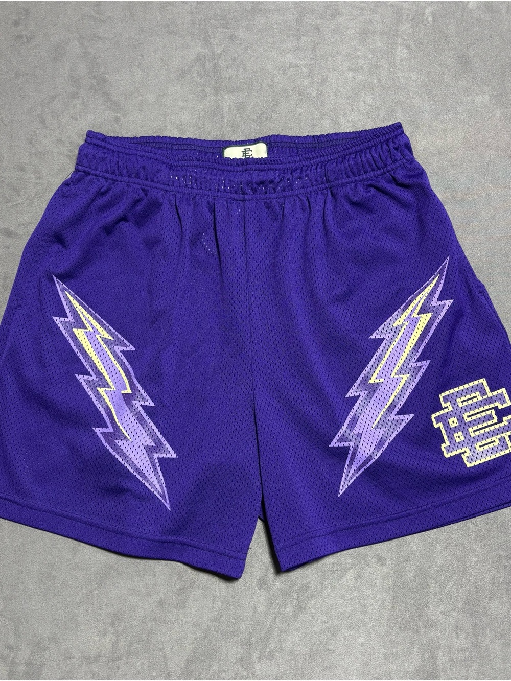 Eric Emanuel EE Lightning Bolt Mesh Shorts Purple Yellow Size XL Mens NY